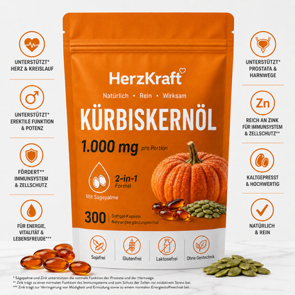 HerzKraft® Kürbiskernöl + Sägepalme Softgel-Kapseln