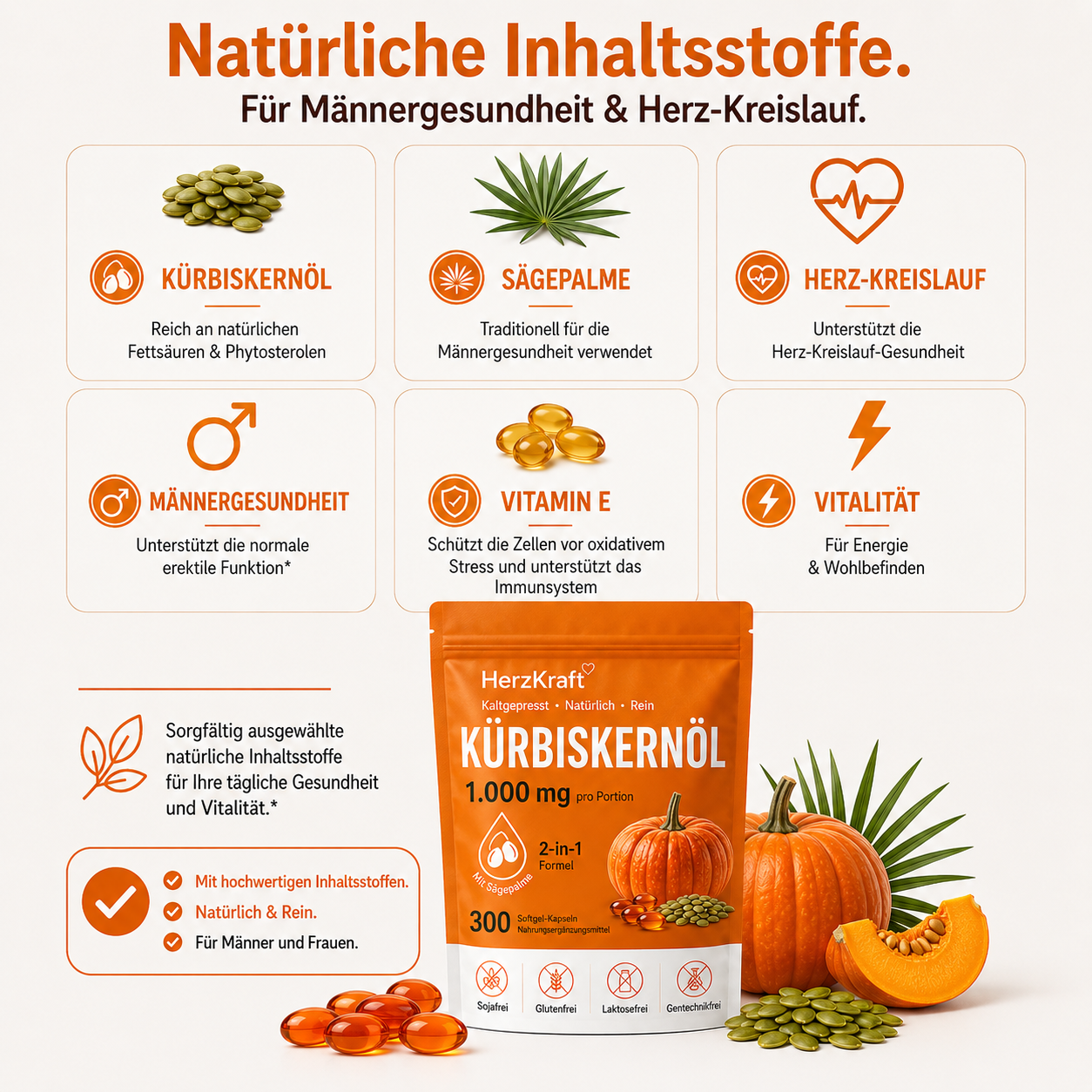 HerzKraft® Kürbiskernöl + Sägepalme Softgel-Kapseln