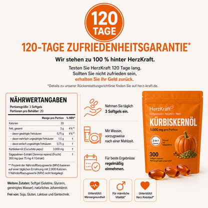 HerzKraft® Kürbiskernöl + Sägepalme Softgel-Kapseln